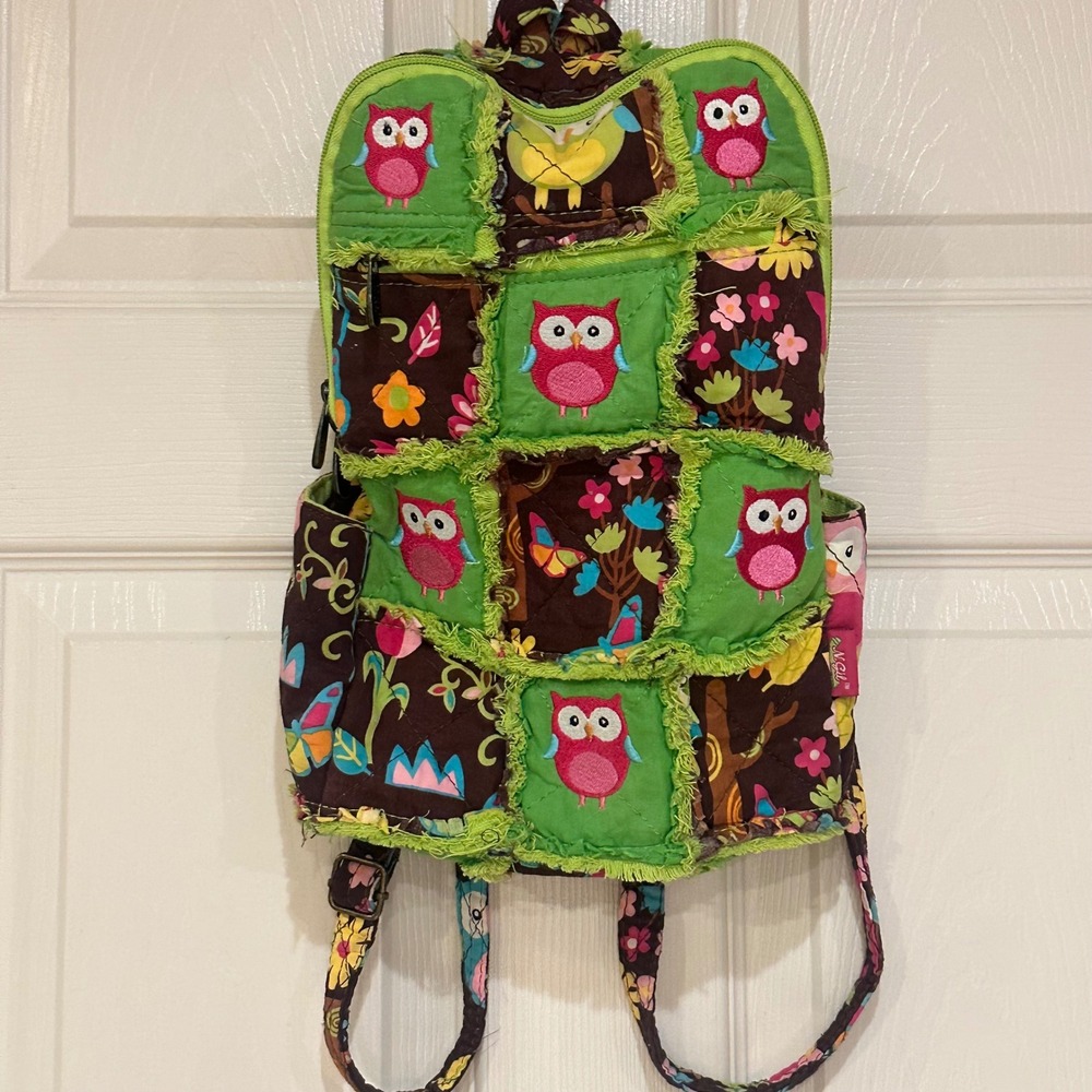 Quilted Owl Patchwork Mini Backpack Green Brown Floral Fringed Boho Bag